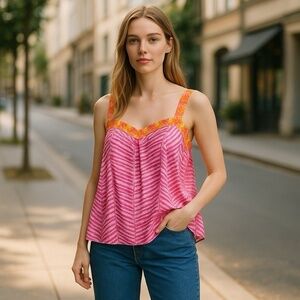 Vintage STARINGTON Pink Silk Tank Top Size 14 Animal Print Casual Beach